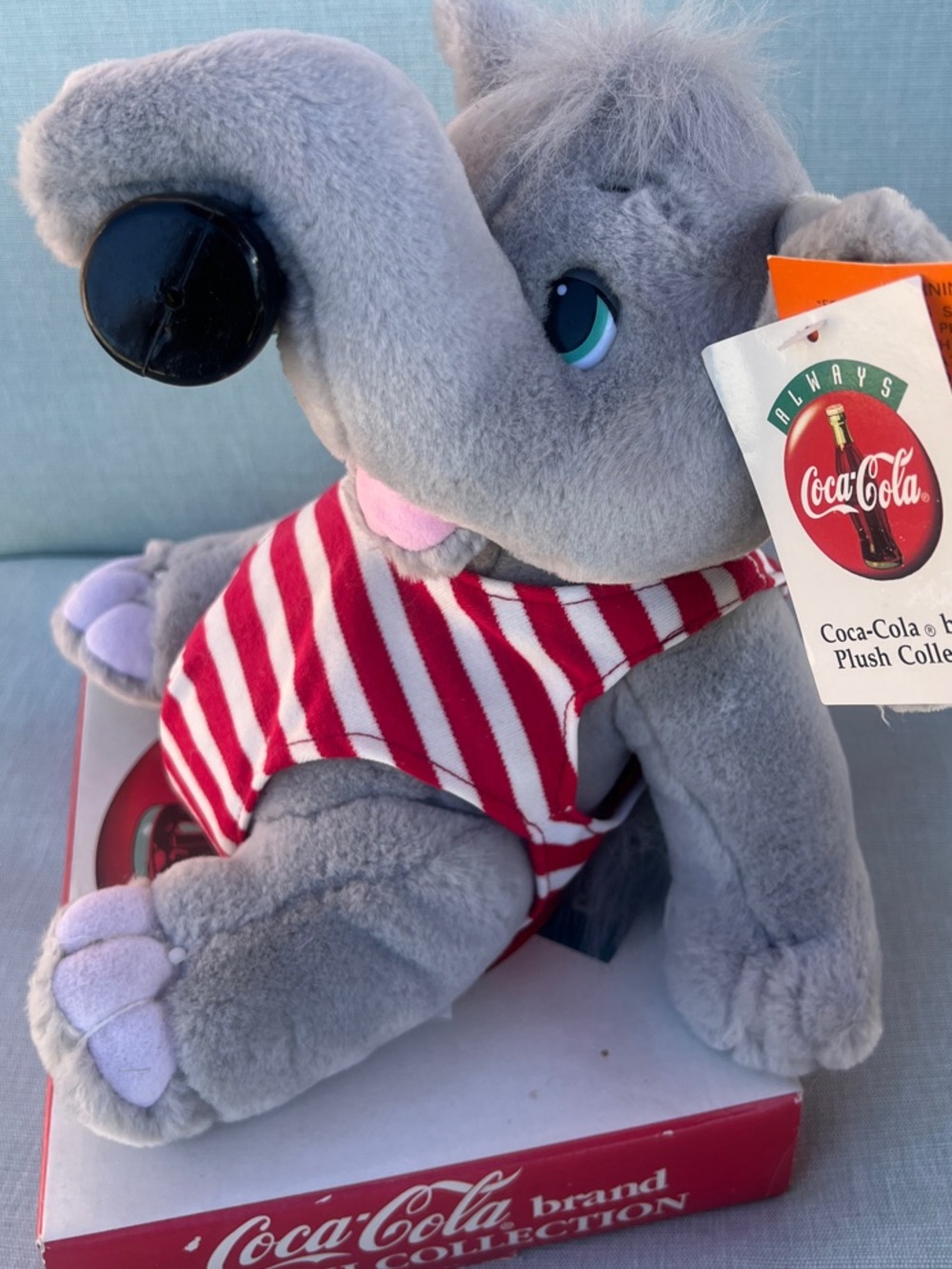 Coca Cola Gray Plush Elephant with Red and White Striped Tank
